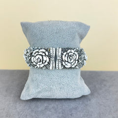 Vintage Celluloid Floral Hinged Clamper Bracelet - White with Black Wash