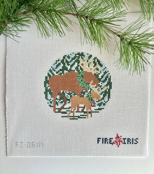 Fire and Iris Walking in a Winter Moose-Land Needlepoint Canvas
