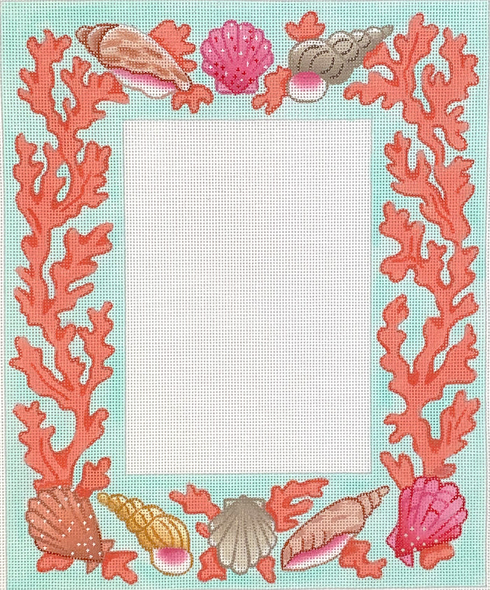 Kate Dickerson Needlepoint Collections Picture Frame Mixed Shells and Coral on Soft Turquoise Needlepoint Canvas