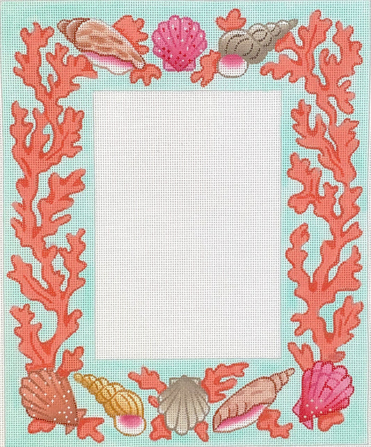 Kate Dickerson Needlepoint Collections Picture Frame Mixed Shells and Coral on Soft Turquoise Needlepoint Canvas