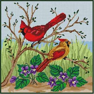 The Meredith Collection Treglown Designs Cardinal And Violets Needlepoint Canvas