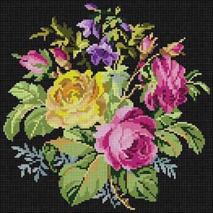 The Meredith Collection Treglown Designs Rose Bouquet Black Background Needlepoint Canvas