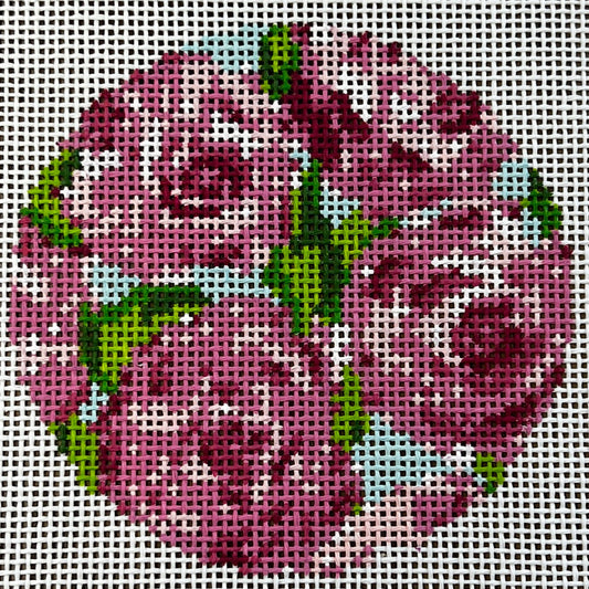 The Gingham Stitchery Krissy Johnson Designs Roses On Teal Round 14 Mesh Needlepoint Canvas