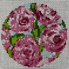 The Gingham Stitchery Krissy Johnson Designs Roses On Teal Round 14 Mesh Needlepoint Canvas