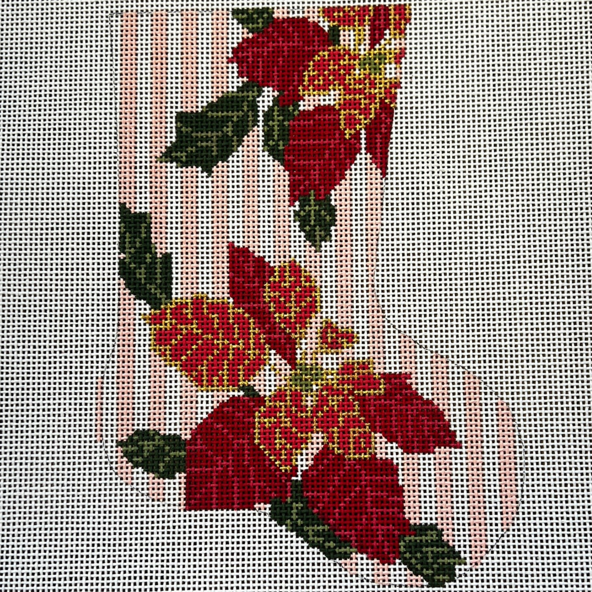 The Gingham Stitchery Kate Woodward Poinsettia Mini Stocking Needlepoint Canvas