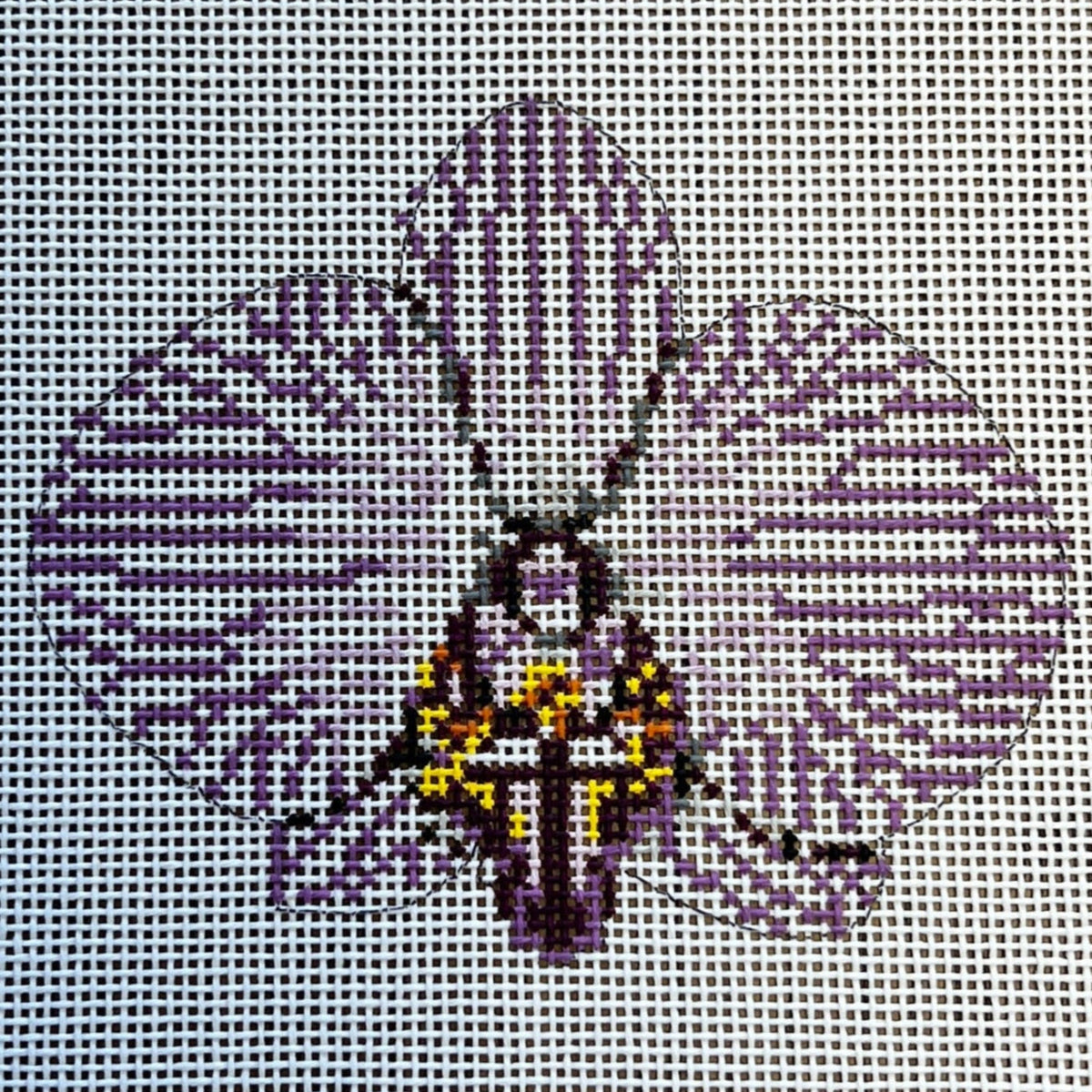 The Gingham Stitchery Kate Woodward Single Purple Striped Orchid Needlepoint Canvas