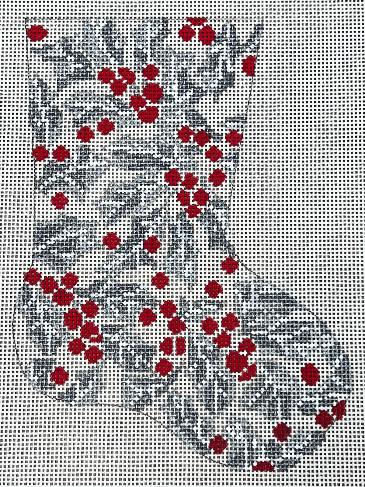 The Gingham Stitchery Kate Woodward Silver Holly Mini Stocking Needlepoint Canvas