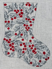 The Gingham Stitchery Kate Woodward Silver Holly Mini Stocking Needlepoint Canvas