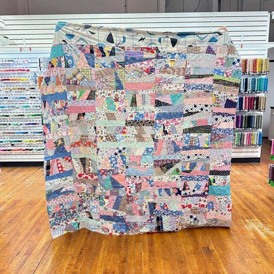 Vintage 1940s-50s 2 Sided Patchwork Quilt - Cube and Crazy Quilt Patterns