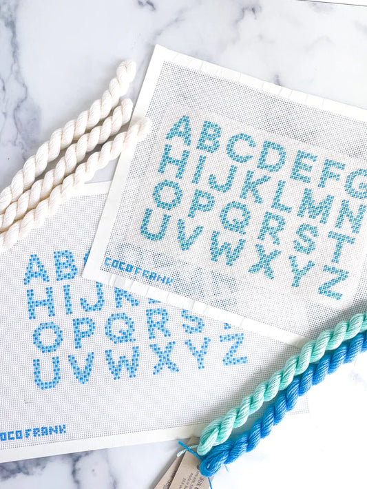 Coco Frank Blue Alphabet Sampler Needlepoint Canvas