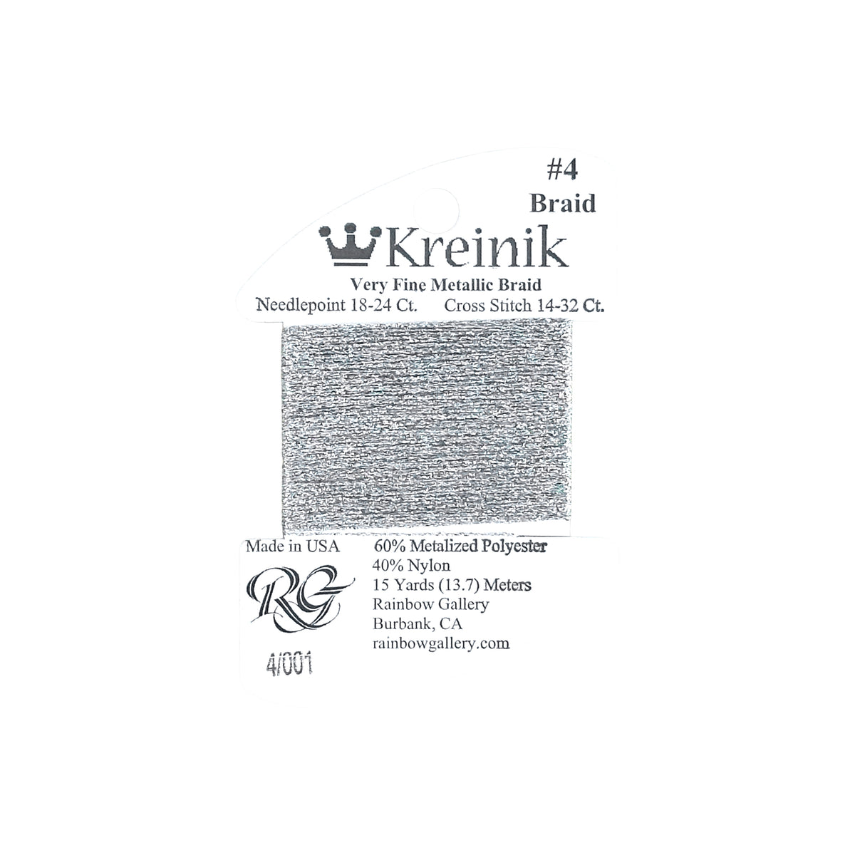Rainbow Gallery Kreinik Braid #4 - 001 Silver