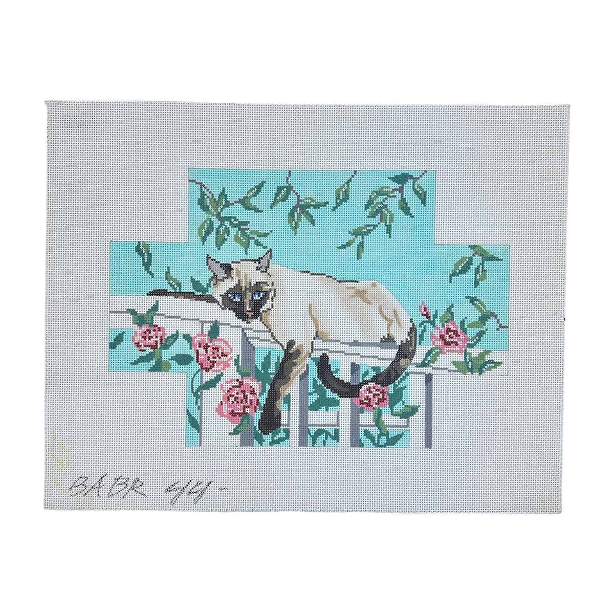 Barbara Russell Designs Siamese Cat on Trellis Brick Needlepoint Canvas
