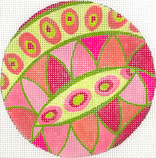 Kate Dickerson Needlepoint Collections 4” Round - Pucci Inspired Waves & Dots - Pinks, Greens & Corals Needlepoint Canvas