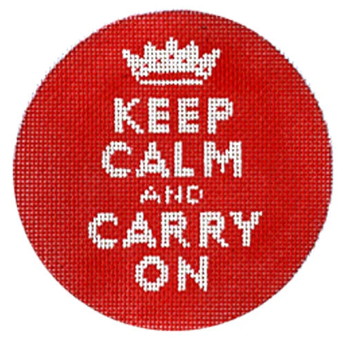 Kate Dickerson Needlepoint Collections Round Keep Calm and Carry on White on Red Needlepoint Canvas