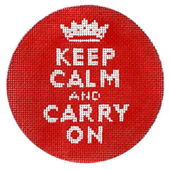 Kate Dickerson Needlepoint Collections Round Keep Calm and Carry on White on Red Needlepoint Canvas