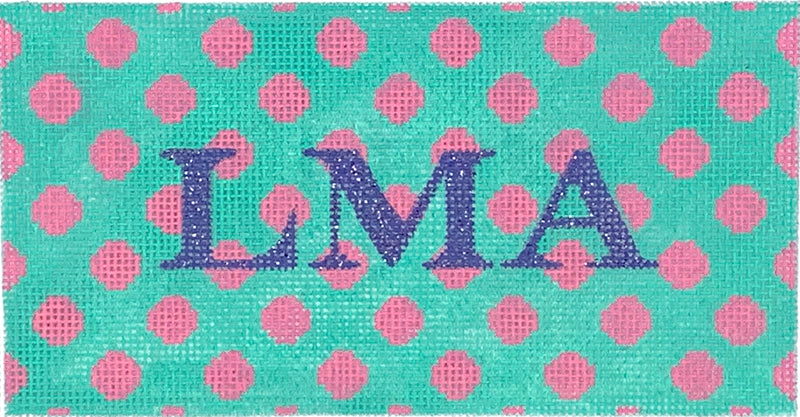 Kate Dickerson Needlepoint Collections Polka Dots Hot Pink on Turquoise with Periwinkle Letters Specify Letter Blank Needlepoint Canvas