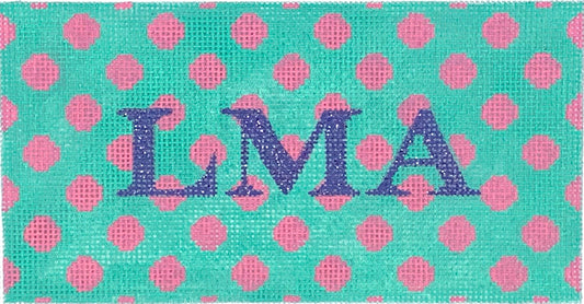 Kate Dickerson Needlepoint Collections Polka Dots Hot Pink on Turquoise with Periwinkle Letters Specify Letter Blank Needlepoint Canvas