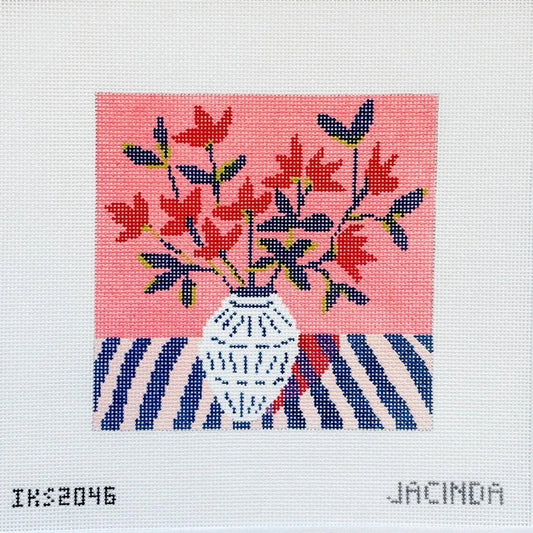 Initial K Studio Jacinda Boneau Red Flower Blue Vase Needlepoint Canvas