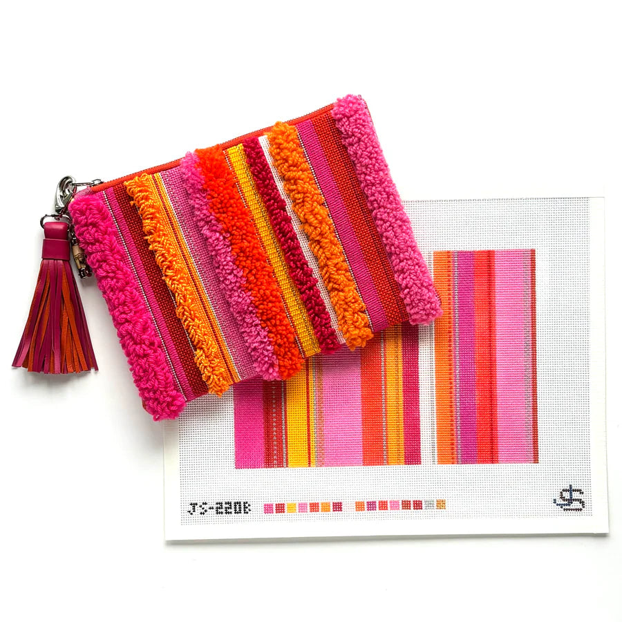 Jeni Sandberg Needlepoint Tufted Stripe Clutch Purse Needlepoint Canvas - Pink and Orange