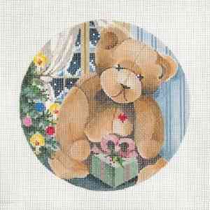 Joy Juarez Teddy Bear with Gifts Ornament Needlepoint Canvas