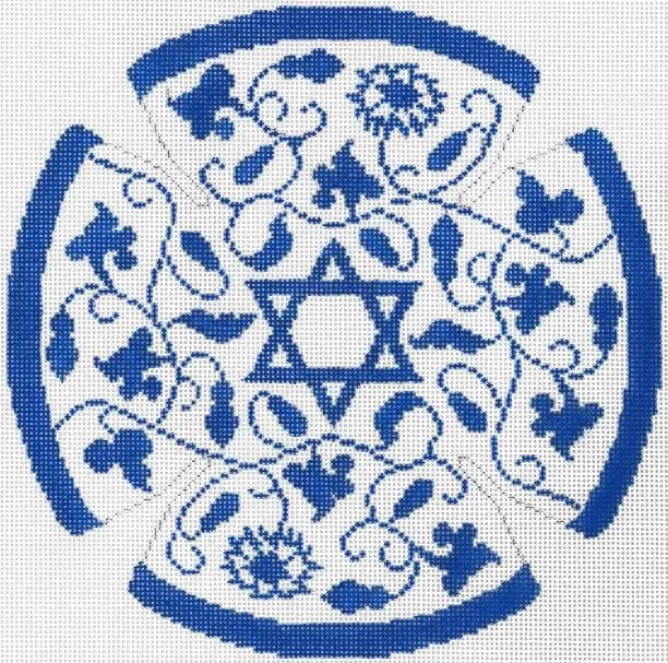 Judaic Designs by Tonya Vine Floral Blue Yarmulke Needlepoint Canvas