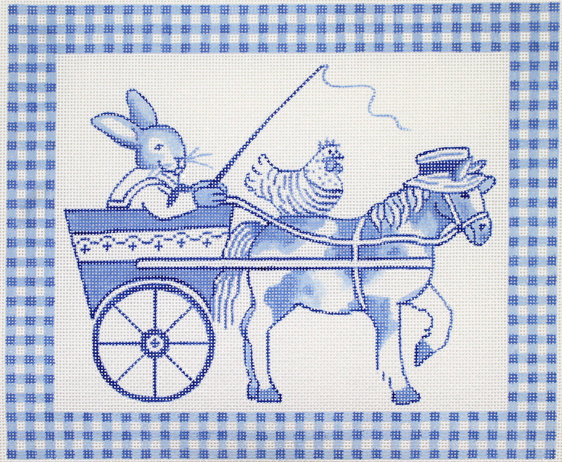 Kate Dickerson Needlepoint Collections Kelly Rightsell Blue Toile Bunny In Cart with Horse and Hen Blue Gingham Border Needlepoint Canvas