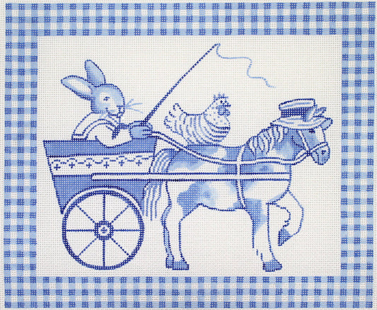 Kate Dickerson Needlepoint Collections Kelly Rightsell Blue Toile Bunny In Cart with Horse and Hen Blue Gingham Border Needlepoint Canvas