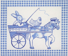 Kate Dickerson Needlepoint Collections Kelly Rightsell Blue Toile Bunny In Cart with Horse and Hen Blue Gingham Border Needlepoint Canvas