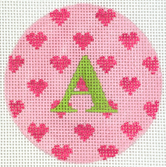 Kate Dickerson Needlepoint Collections Bright Disk Letter in All Over Pink Hearts on Medium Pink Needlepoint Canvas