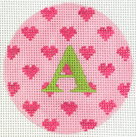 Kate Dickerson Needlepoint Collections Bright Disk Letter in All Over Pink Hearts on Medium Pink Needlepoint Canvas