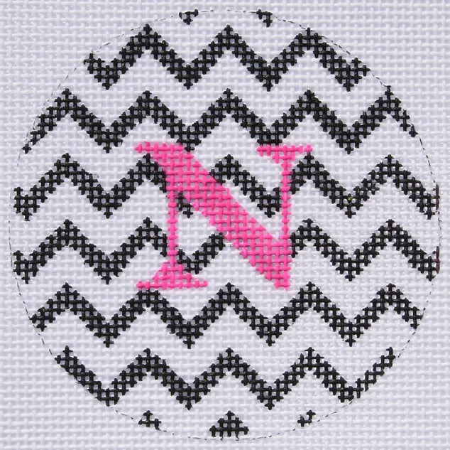 Kate Dickerson Needlepoint Collections Bright Disk Letter in Black & White Zig Zag Needlepoint Canvas