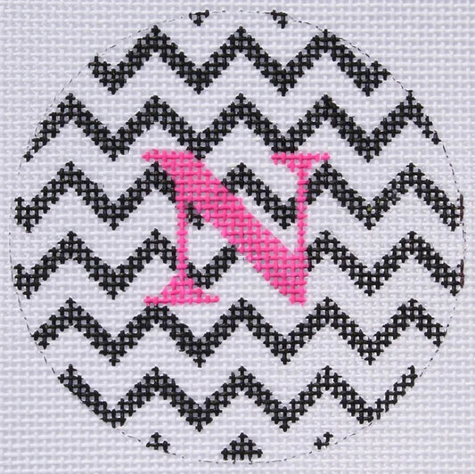 Kate Dickerson Needlepoint Collections Bright Disk Letter in Black & White Zig Zag Needlepoint Canvas