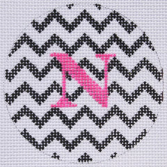 Kate Dickerson Needlepoint Collections Bright Disk Letter in Black & White Zig Zag Needlepoint Canvas