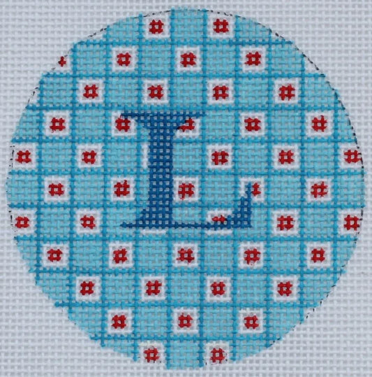 Kate Dickerson Needlepoint Collections Bright Disk Letter in Blue & White Grid Red Dots Needlepoint Canvas