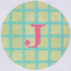 Kate Dickerson Needlepoint Collections Bright Disk Letter in Celedon & Turquoise Grid Needlepoint Canvas
