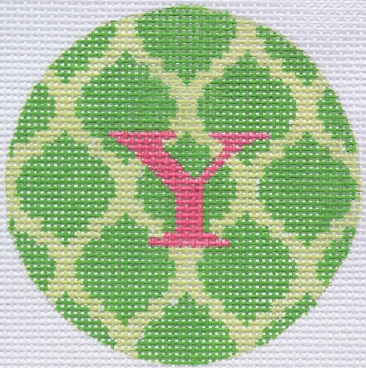 Kate Dickerson Needlepoint Collections Bright Disk Letter in Greens Quatrefoil Damask Needlepoint Canvas