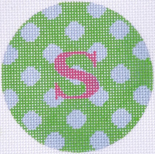 Kate Dickerson Needlepoint Collections Bright Disk Letter in Kelly Green with Lavender Dots Needlepoint Canvas