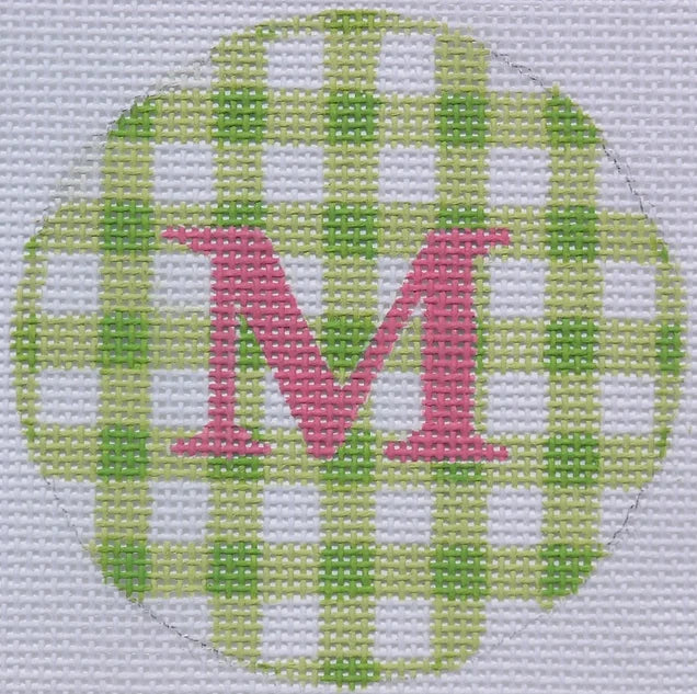 Kate Dickerson Needlepoint Collections Bright Disk Letter in Lime Gingham Needlepoint Canvas