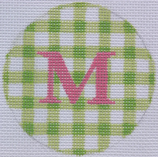 Kate Dickerson Needlepoint Collections Bright Disk Letter in Lime Gingham Needlepoint Canvas