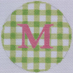 Kate Dickerson Needlepoint Collections Bright Disk Letter in Lime Gingham Needlepoint Canvas