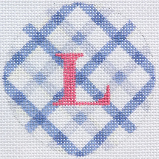 Kate Dickerson Needlepoint Collections Bright Disk Letter in Periwinkle Double Crisscross Gingham Needlepoint Canvas