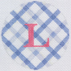 Kate Dickerson Needlepoint Collections Bright Disk Letter in Periwinkle Double Crisscross Gingham Needlepoint Canvas