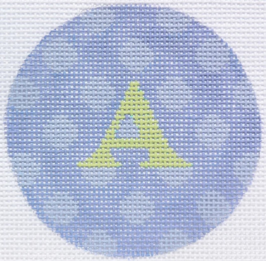 Kate Dickerson Needlepoint Collections Bright Disk Letter in Periwinkle Polka Dots Needlepoint Canvas