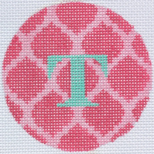 Kate Dickerson Needlepoint Collections Bright Disk Letter in Pinks Quatrefoil Damask Needlepoint Canvas