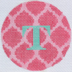 Kate Dickerson Needlepoint Collections Bright Disk Letter in Pinks Quatrefoil Damask Needlepoint Canvas