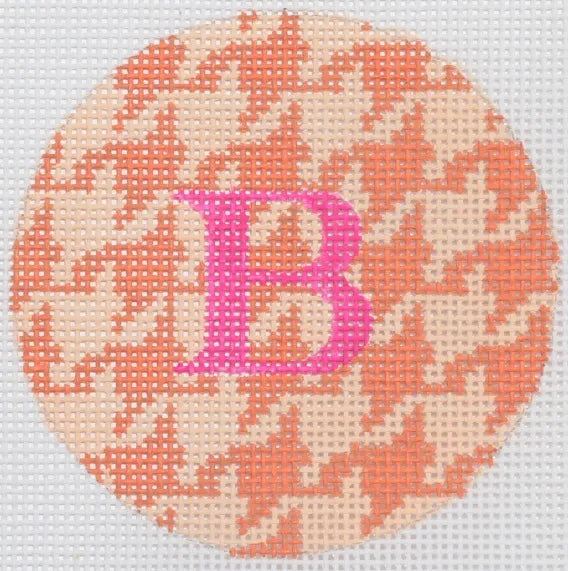 Kate Dickerson Needlepoint Collections Bright Disk Letter in Tangerine & Creamsicle Houndstooth Needlepoint Canvas