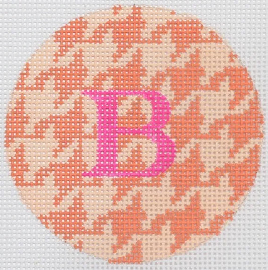 Kate Dickerson Needlepoint Collections Bright Disk Letter in Tangerine & Creamsicle Houndstooth Needlepoint Canvas