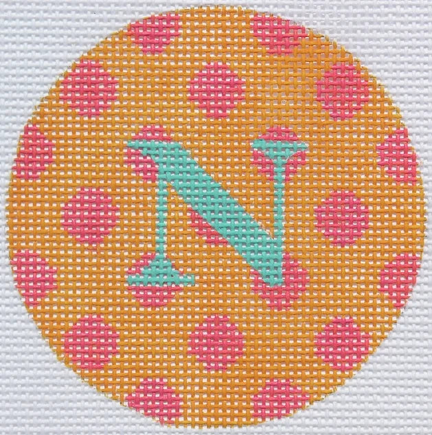 Kate Dickerson Needlepoint Collections Bright Disk Letter in Tangerine with Watermelon Polka Dots Needlepoint Canvas