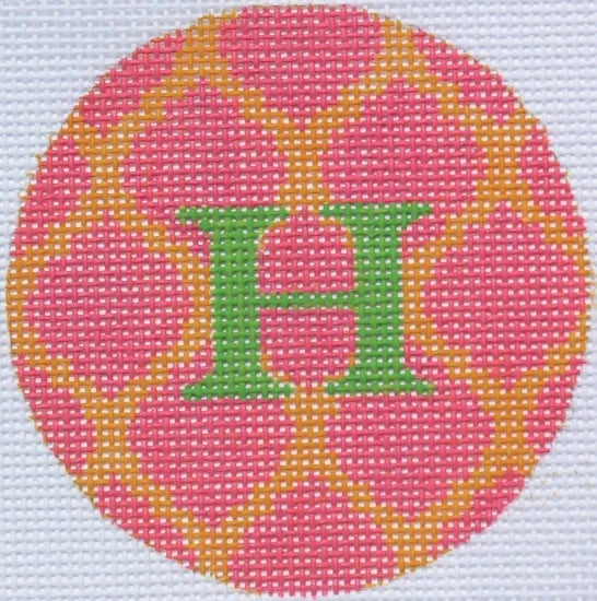Kate Dickerson Needlepoint Collections Bright Disk Letter in Watermelon & Tangerine Quatrefoil Needlepoint Canvas
