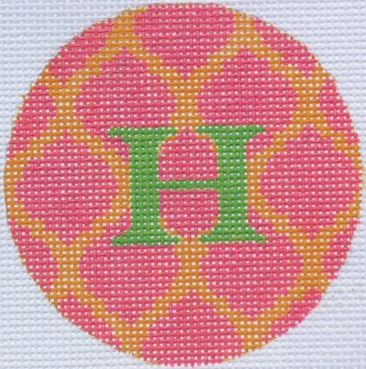 Kate Dickerson Needlepoint Collections Bright Disk Letter in Watermelon & Tangerine Quatrefoil Needlepoint Canvas